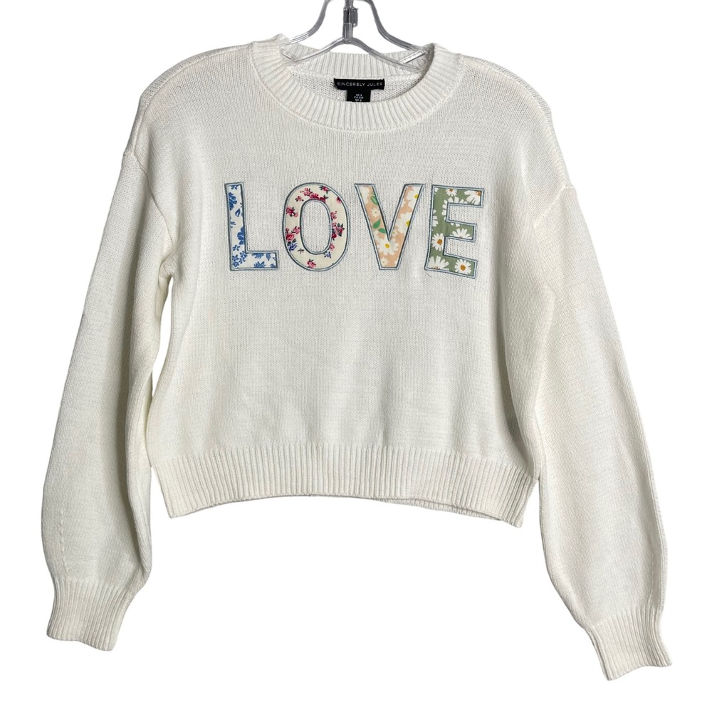 Sincerely Jules Sweater Womens S White Love Floral Patchwork‎ Crop Preppy Knit